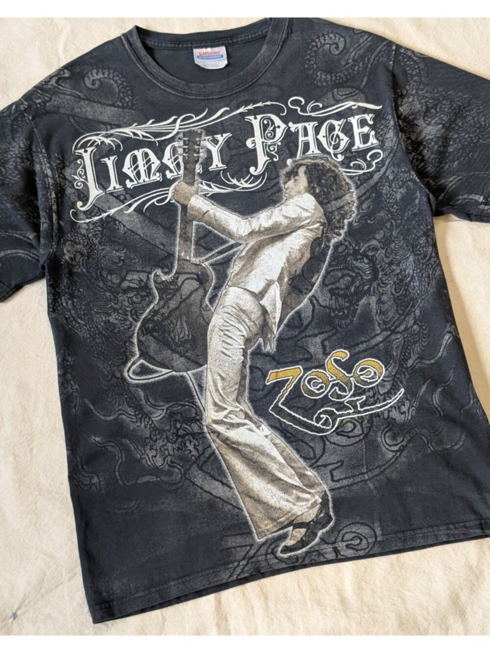 Vintage Jimmy Page AOP Print Led Zeppelin Zoso Faded Black Hanes Tee Y2K Medium